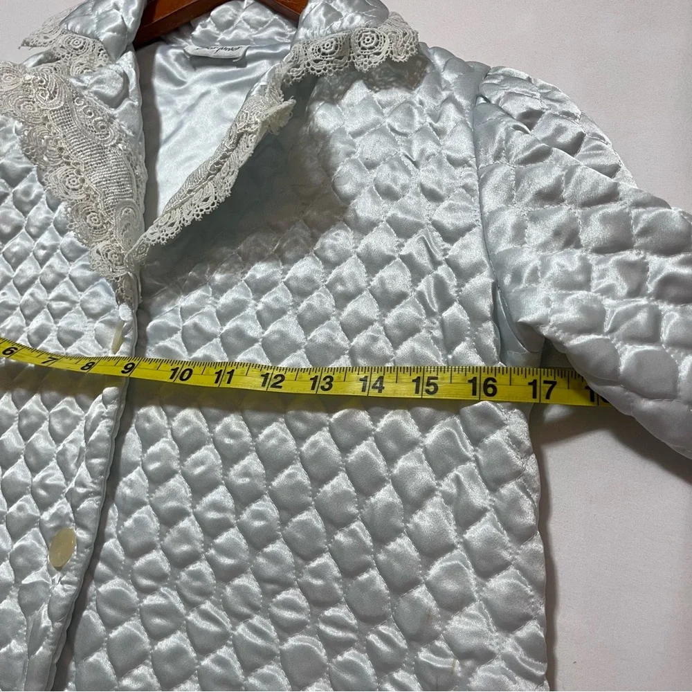 Vintage Dior Junior Quilted Satin‎ Lace Trim Robe Coat Light Blue Hostess 1960s